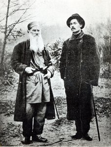 Maxim Gorky (Aleksei Maksimovich Peshkov) bezoekt Lev Tolstoy in Yasnaya Polyana in 1900